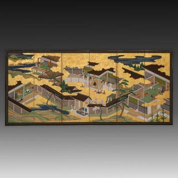 Paravent pliant avec des scènes du Livre du Genji - Bois