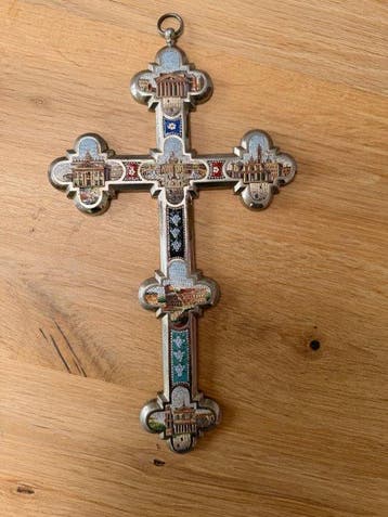Crucifix - Metaal en glas - 1850-1900 - Grand tour mozaïek -
