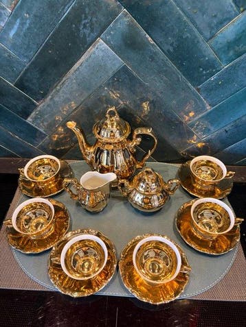 Theeservies (15) - Porselein, Verguld - Vintage 24% goud