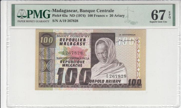 1974 Madagascar 100 Francs Nd Pick 63a Pmg Superb Gem Unc..., Postzegels en Munten, Bankbiljetten | Europa | Niet-Eurobiljetten