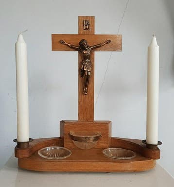 Beeld, Thuis-altaar - 34 cm - Hout, Metaal, Plastic, kaars