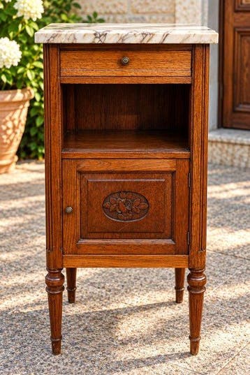 Table de chevet - Chêne - Marbre Louis XVI, Antiquités & Art