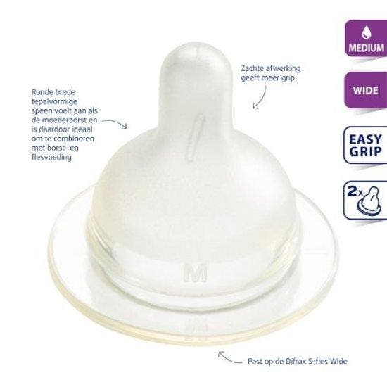 Difrax - Flesspeen soft breed M 2st (Flessen & Spenen), Kinderen en Baby's, Babyvoeding en Toebehoren, Nieuw, Verzenden