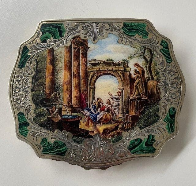 Boîte - miroir émaillé argenté - Argent ancien avec boîte à, Antiquités & Art, Curiosités & Brocante