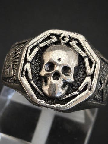 Rare bague signet crâne maçonnique – argent sterling massif