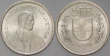 5 Franken 1969 B Schweiz-eidgenossenschaft KursMunt, Verzenden