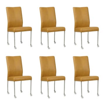 Set van 6 Leren eetkamerstoelen Comfort met wieltjes -, Ophalen of Verzenden
