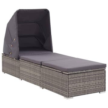 vidaXL Ligbed met luifel en kussen poly rattan grijs, Verzenden, Nieuw