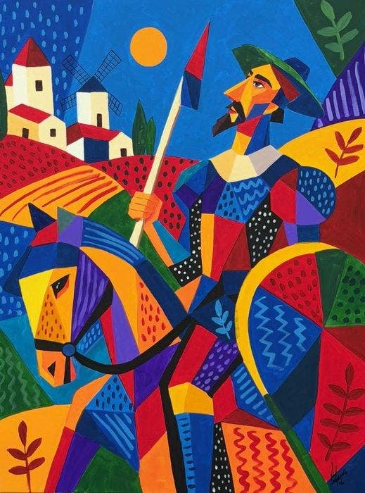 Adri Q 120 x 90 cm - Don Quijote y Rocinante bajo el Sol de, Antiquités & Art, Art | Peinture | Moderne