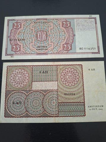 Nederland. - 2 x 25 Gulden - 1942/1943 - Nvph 76, 78 (Zonder