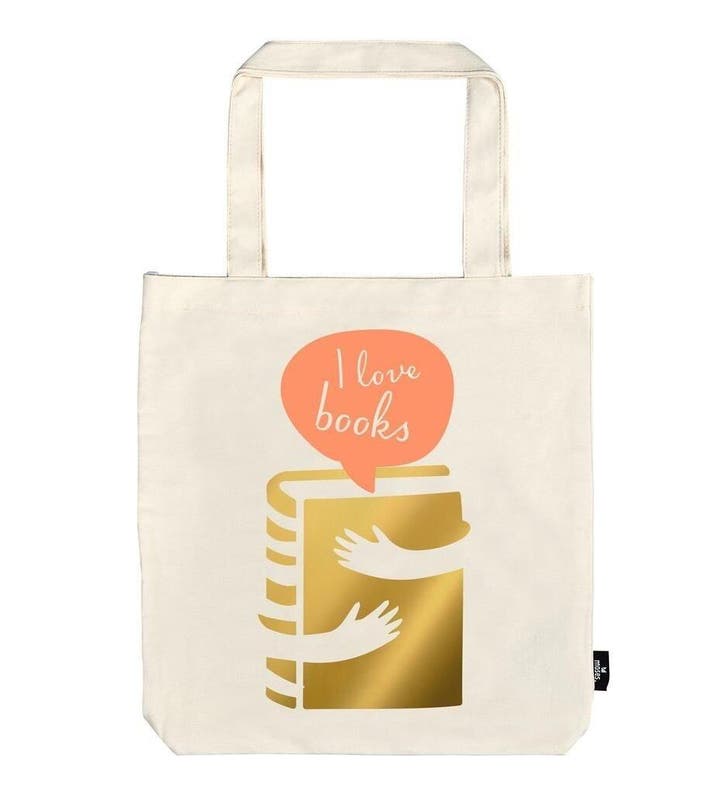 Grote katoenen tas I Love Books – beige shopper met goudfo, Collections, Signets, Envoi