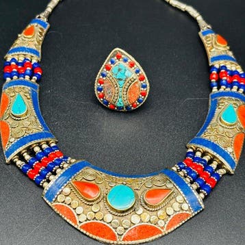 Vintage Berberse stamkraag met bijpassende ring – Lapis