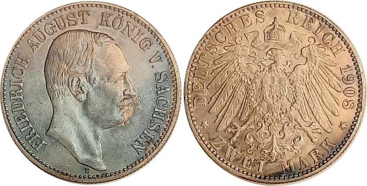 Duitsland 2 Mark Sachsen J 134 1908 E vz herrliche Patina..., Postzegels en Munten, Munten | Europa | Niet-Euromunten, België