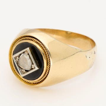 Ring - 18 karaat Geel goud Onyx - Diamant/Natuurlijk, Handtassen en Accessoires, Nieuw