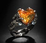 Argent 925 - rhodié noir - Cœur de citrine - Topaze - Bague