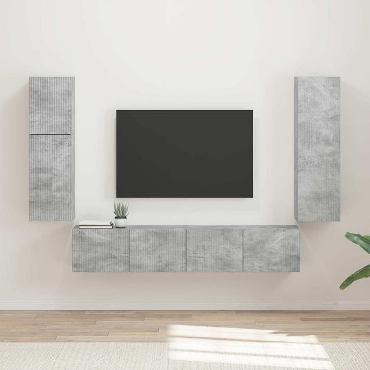 vidaXL Tv-meubelset Wandgemonteerd 4 pcs Beton Grijs Bewerkt, Maison & Meubles, Armoires | Mobilier de télévision, Envoi