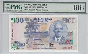 1994 Malawi 100 Kwacha Pick 29b Pmg Gem Unc 66 Epq, Verzenden
