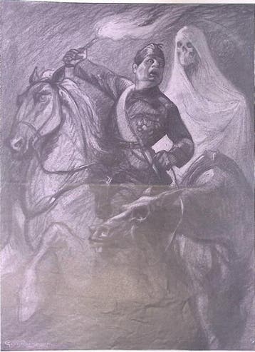Spotprent met de Dood te paard die man achtervolgt (Lithos), Antiek en Kunst, Kunst | Litho's en Zeefdrukken, Verzenden