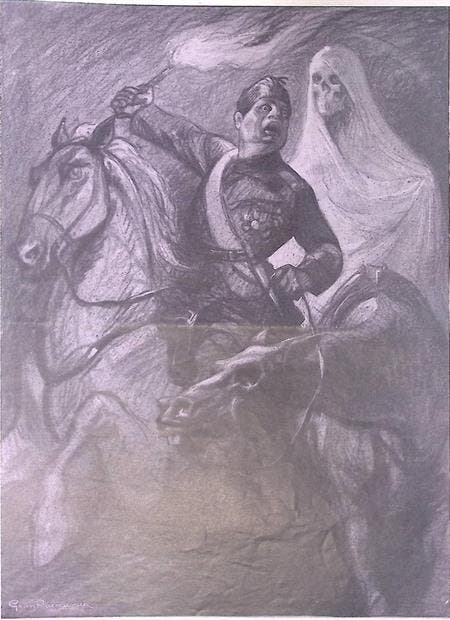 Spotprent met de Dood te paard die man achtervolgt (Lithos), Antiek en Kunst, Kunst | Litho's en Zeefdrukken, Verzenden