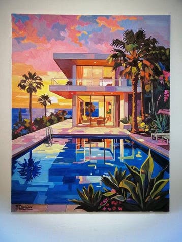 Yuri Denissov - Beautiful villa at sunset, Antiek en Kunst, Kunst | Schilderijen | Modern