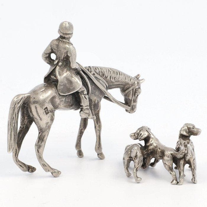 NO RP - Jager met Roedel - Beeldje (2) - .925 zilver, .800, Antiquités & Art, Antiquités | Argent & Or