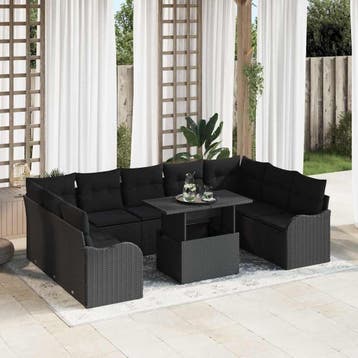 vidaXL Tuinbank Set 10 st Zwart Poly rattan, Verzenden, Nieuw