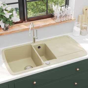 vidaXL Gootsteen dubbele bakken graniet beige, Verzenden