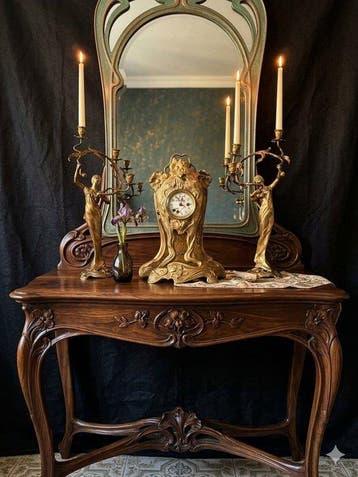 Klok en garnituur set (3) - Art Nouveau Brons - triptiek, Antiek en Kunst
