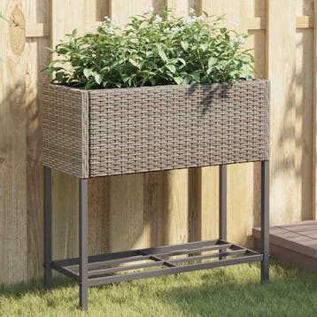 vidaXL Plantenbak met schap poly rattan grijs, Verzenden, Nieuw