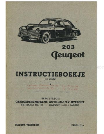 1958 PEUGEOT 203 SEDAN INSTRUCTIEBOEKJE NEDERLANDS