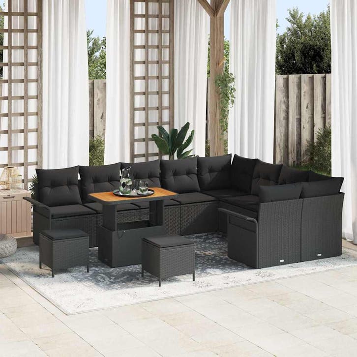 vidaXL Tuinbank Set met kussen 12 pcs Zwart poly rattan, Tuin en Terras, Tuinsets en Loungesets, Nieuw, Verzenden