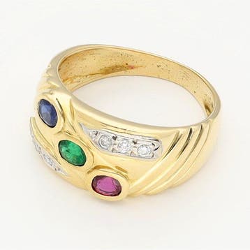 Ring - 18 karaat Geel goud - Diamant - Saffier. Robijn., Bijoux, Sacs & Beauté