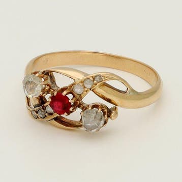 Bague - 14 carats Or jaune - Diamant - Robijn, Nieuw