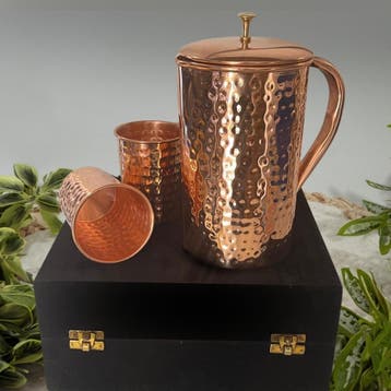 Puur koperen set van kan gehamerd ± 1,5 liter met 2 bekers, Sport en Fitness, Ophalen of Verzenden, Nieuw