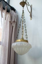 Plafondlamp - lantaarn - Messing, gesatineerd glas -