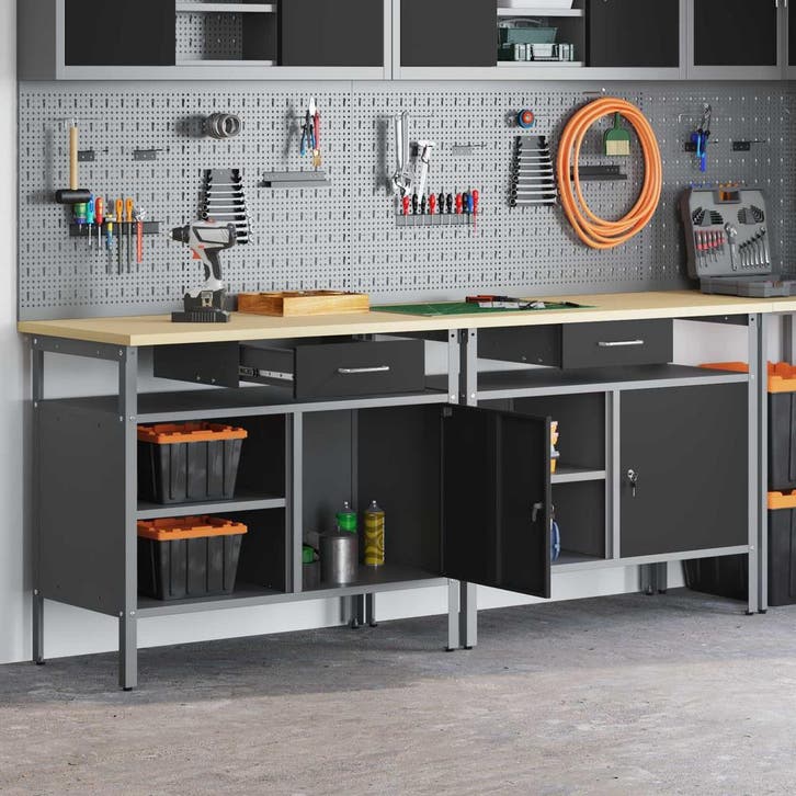 vidaXL Werkbankset met lade 2 pcs Zwart en Grijs 200 x 55 x, Doe-het-zelf en Bouw, Werkbanken, Nieuw, Verzenden