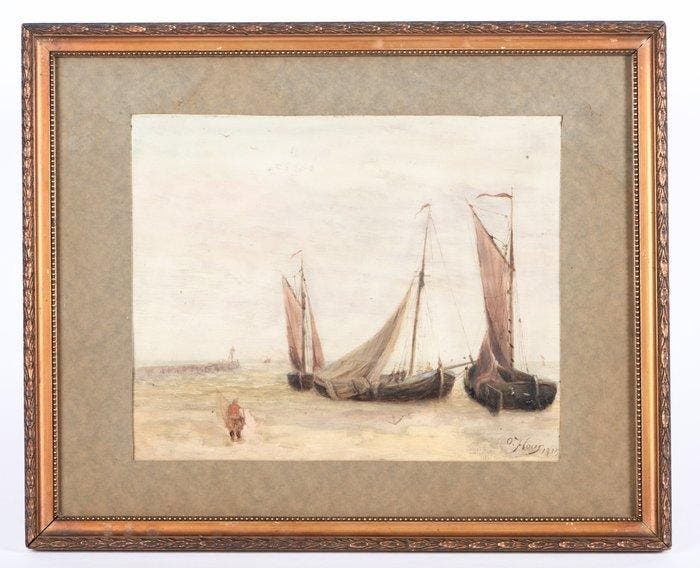 Adrien Jules Flour (1864–1921) - Visser en vissersboten in, Antiek en Kunst, Kunst | Schilderijen | Klassiek
