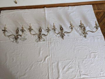 Wandkandelaar (4) - Kristal - Bronze met zilveren afwerking, Antiek en Kunst