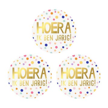 Hoera Ik Ben Jarig Stickers - 40 mm - Gekleurde Stippen -, Hobby & Loisirs créatifs, Verzenden