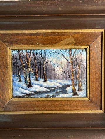 Icoon - Sneeuw in het bos - Emaille schilderij op koper -