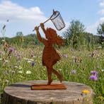 Beeld, garden statue silhouette of girl with butterfly net -