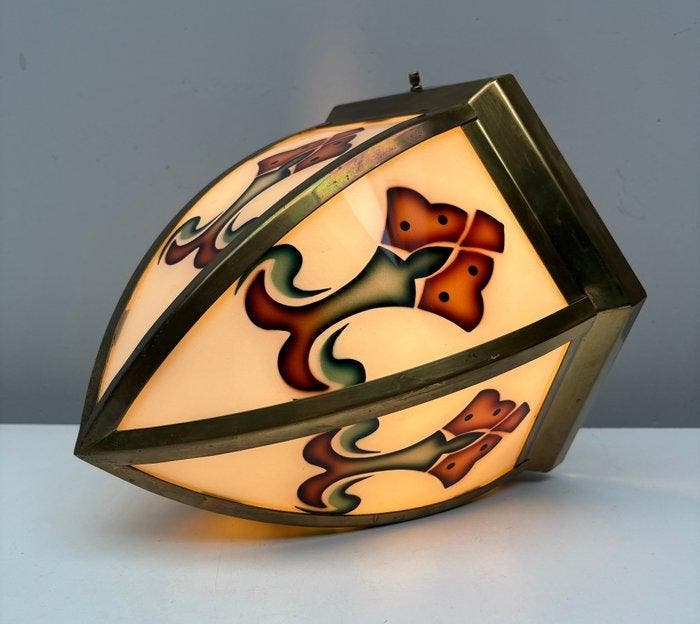 Plafondlamp - Glas, Messing, Antiek en Kunst, Curiosa en Brocante