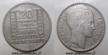 France Frankreich Km 879 20 Francs 1937 Typ Turin, Verzenden, België