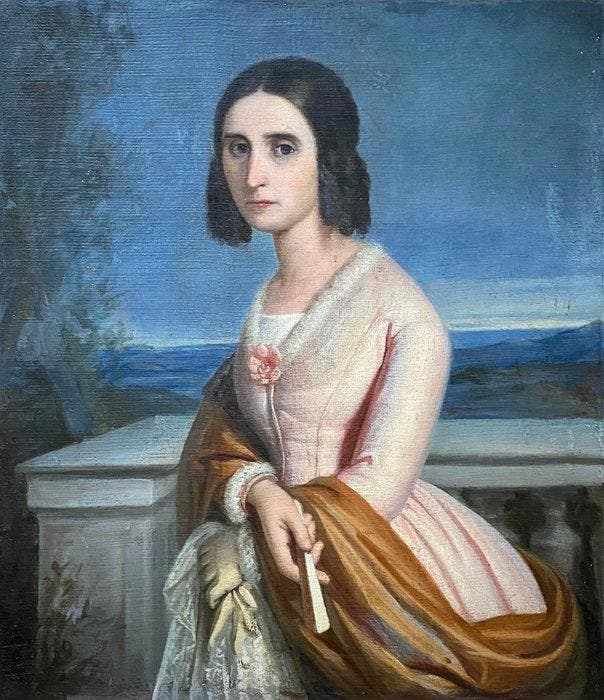 Scuola italiana (XVIII-XIX) - Giovane dama alla terrazza -, Antiek en Kunst, Kunst | Schilderijen | Klassiek