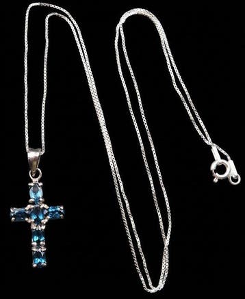 Topaas - Zilver, Halsketting met Hoogmagisch Kruis in Blauwe