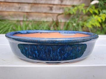 Yixing Bonsai schaal - 18x14x4,5cm - blauw geglazuurd -