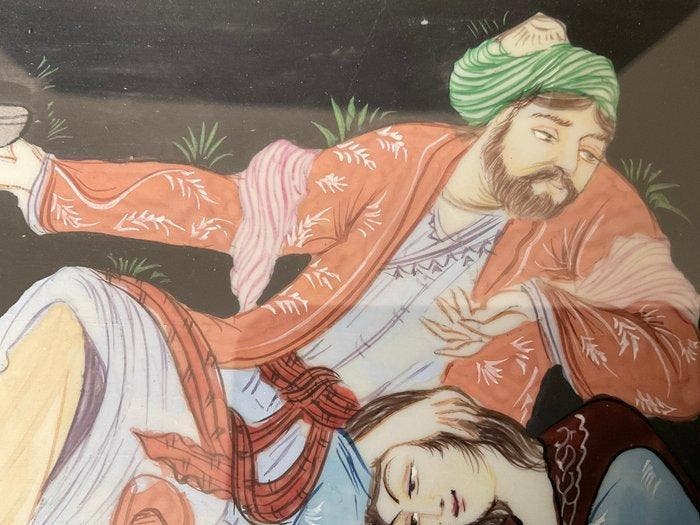 Schilderij Qajar stijl - Lijst - Khatam houtwerk, celluloid,, Antiquités & Art, Art | Art non-occidental