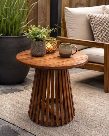 Bijzettafel - Ronde teakhouten bijzettafel – sculpturale