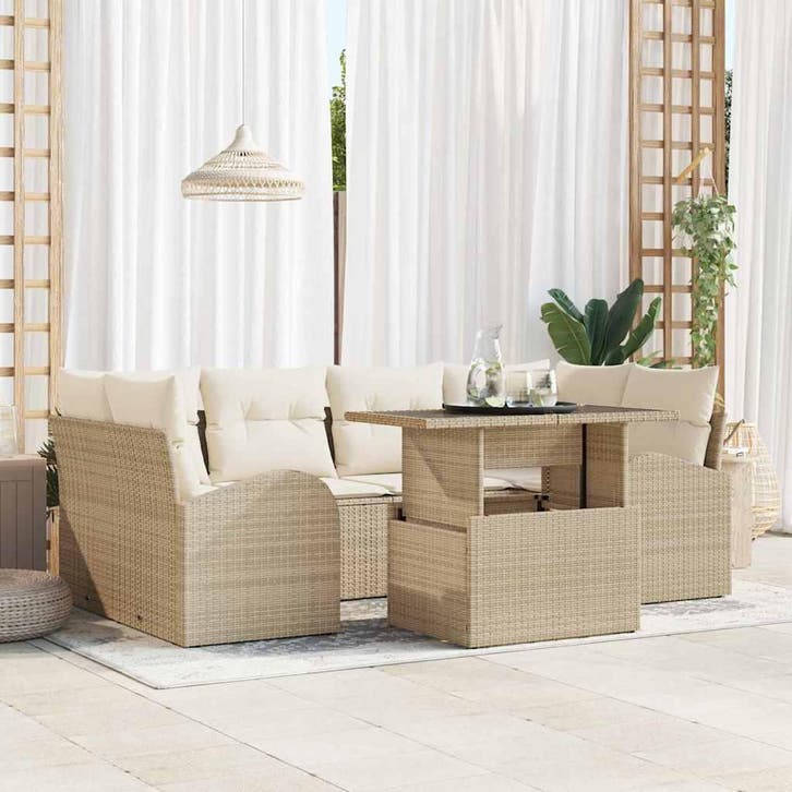vidaXL Tuinbank Set 7 st Beige Poly Riet, Tuin en Terras, Tuinsets en Loungesets, Nieuw, Verzenden
