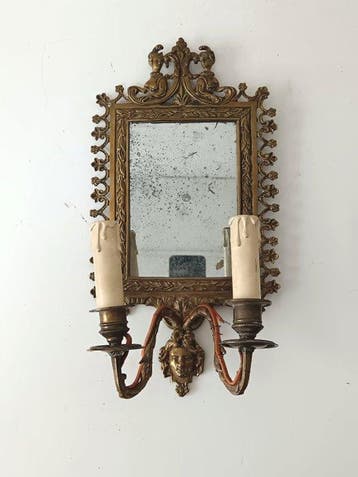 Spiegel- Antieke wandspiegel met twee lampen in brons /